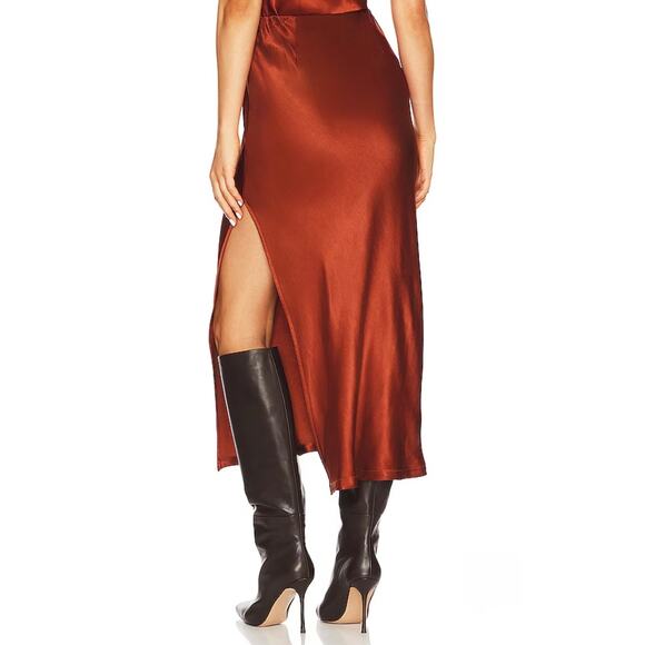 ENZA COSTA Satin Bias Slip Skirt Women XS Umber Rust Maxi Side Slit Pull On NEW - Picture 3 of 16